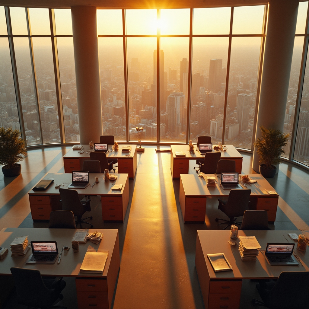 Blick von oben auf ein helles Büro im Hochhaus mit warmem Licht der aufgehenden Sonne über der Stadt